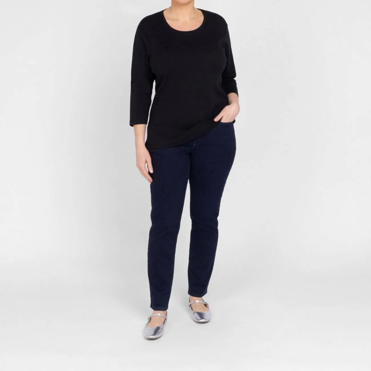 Hot Beige Cotton 3/4 Sleeve T-Shirt Black