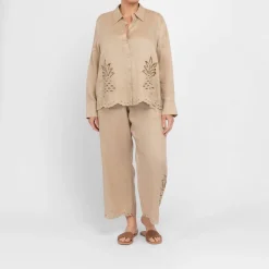 New Elena Miro Linen Embroidered Trousers Sand