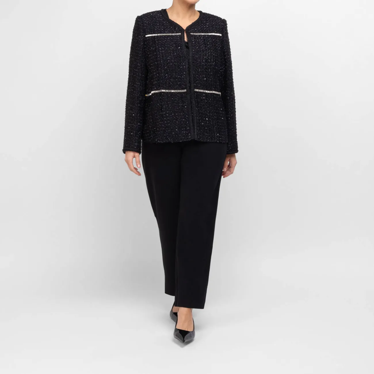Online Marina Rinaldi Elegante Marina Rinaldi Embellished Yarn-Dyed Jacket Black