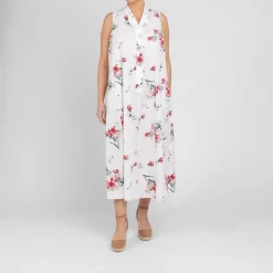 Discount Marina Rinaldi Floral Cotton Poplin Dress with Optional Sleeve White