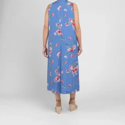 Fashion Marina Rinaldi Floral Cotton Poplin Dress with Optional Sleeve Blue