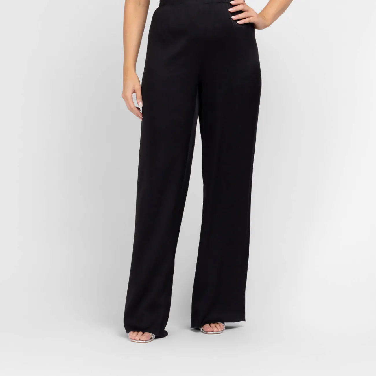 New Marina Rinaldi Elegante Marina Rinaldi Wide Leg Pull-On Satin Trousers Black