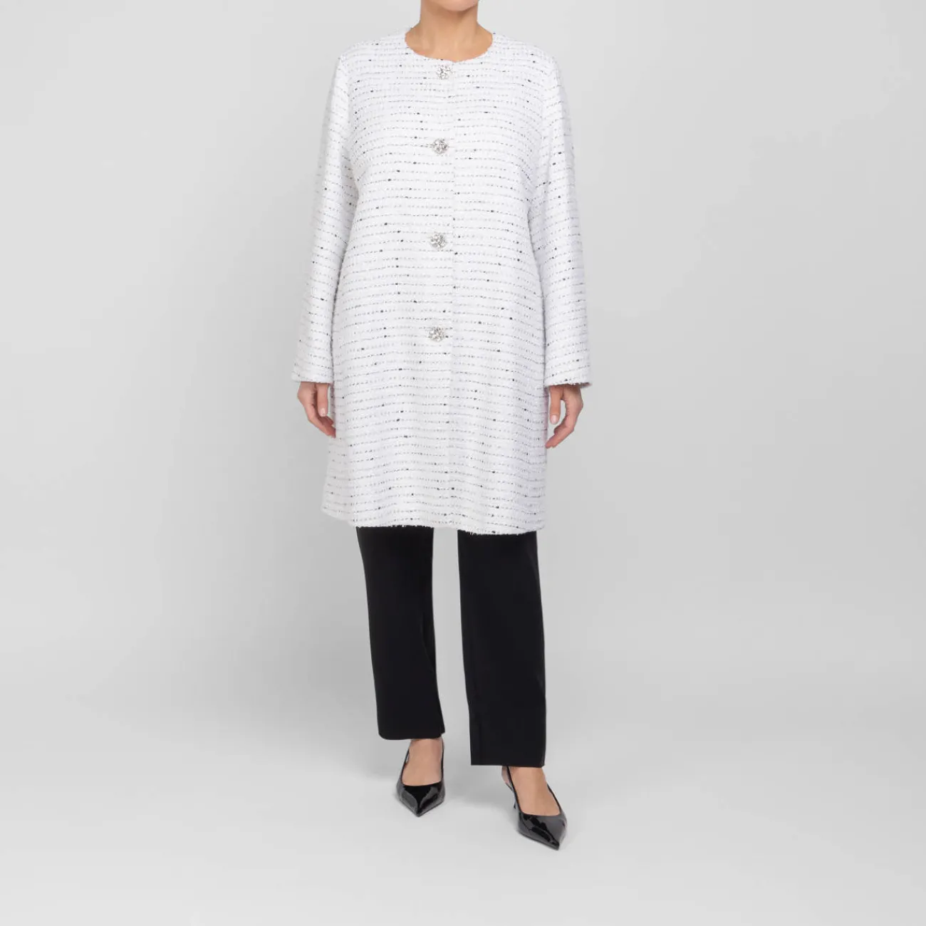 Discount Marina Rinaldi Elegante Marina Rinaldi Yarn-Dyed Collarless Duster Coat White