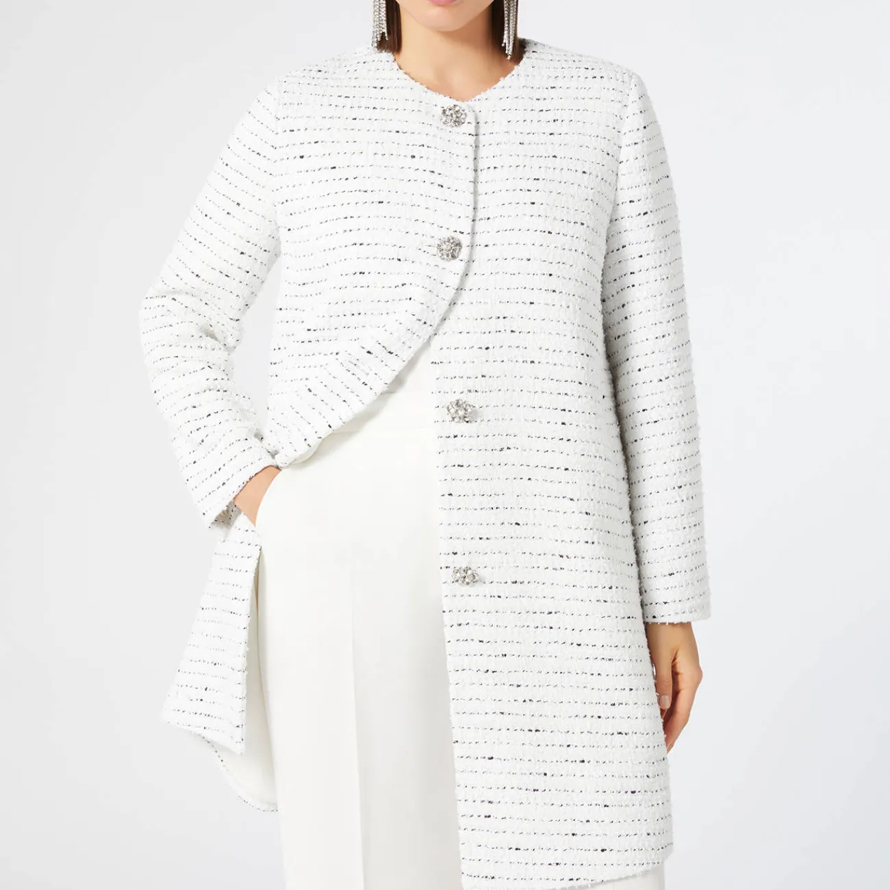 Discount Marina Rinaldi Elegante Marina Rinaldi Yarn-Dyed Collarless Duster Coat White