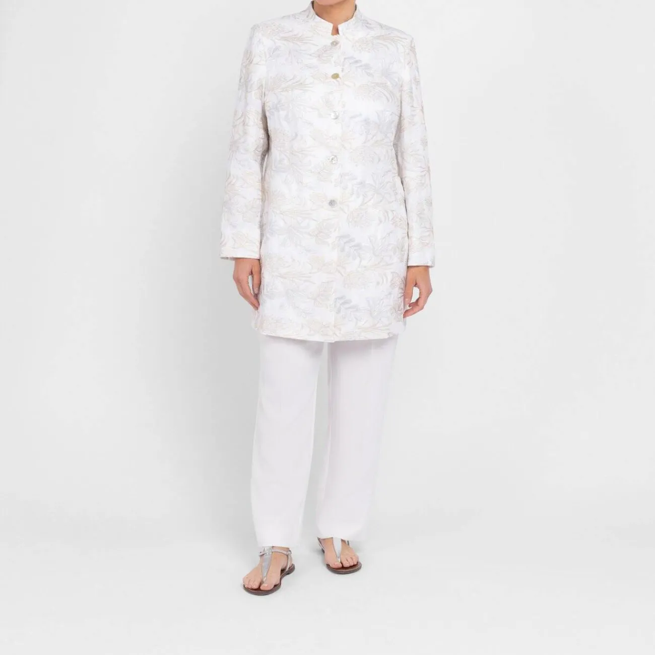 Clearance Rof Amo Rofa Long Embroidered Linen Jacket Cream