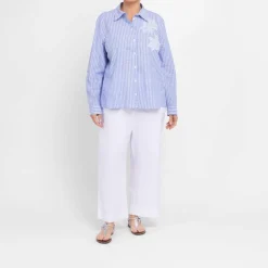 Best Spanish Shirt Company Tinta & Bariloche Striped Embroidered Cotton Linen Shirt Blue