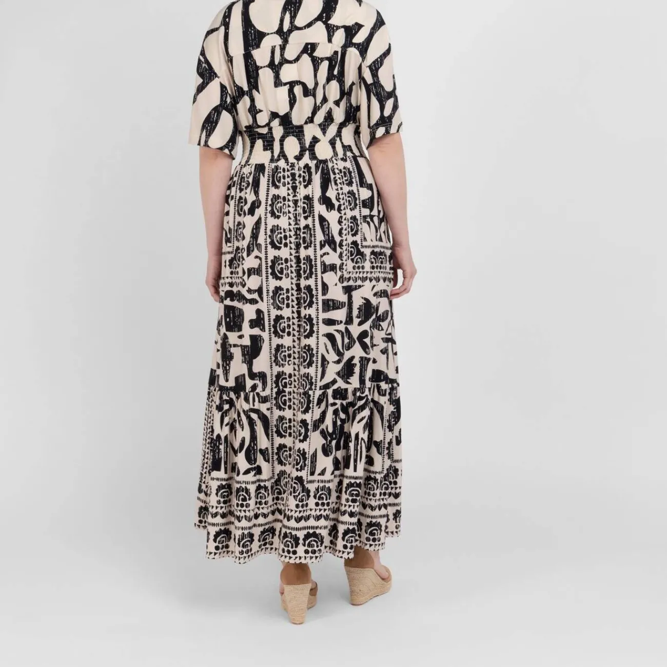 Online Yoek Ethnic Print Dress Black and Cream
